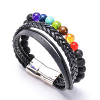 Gemstone Bracelet, with PU Leather Cord & Brass, platinum color plated & Unisex, 8mm Approx 7.08 Inch 
