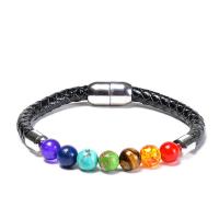 PU Leather Cord Bracelet, with Gemstone & Brass, platinum color plated & Unisex, 8mm Approx 7.3 Inch 