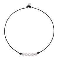 PU Leather Cord Necklace, with Freshwater Pearl, fashion jewelry & for woman, white, 8-9mm Approx 16 Inch 