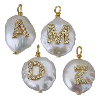 Cultured Freshwater Pearl Brass Pendant, with Freshwater Pearl, gold color plated, fashion jewelry & letters are from A to Z & micro pave cubic zirconia, 11-15x18-21x5-9.5mm Approx 1.5-2mm 