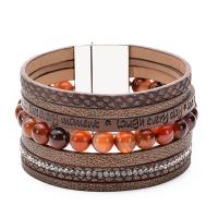 PU Leather Cord Bracelet, with Lace Agate & Brass, platinum color plated, Unisex & with letter pattern & with rhinestone Approx 7.67 Inch 
