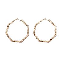 Zinc Alloy Hoop Earring, with Plastic Pearl, sterling silver post pin, Donut, gold color plated, for woman & hollow, 60mm 