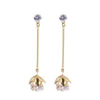 Brass Drop Earring, sterling silver post pin, gold color plated, micro pave cubic zirconia & for woman, 67mm 