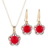 Zinc Alloy Jewelry Set, earring & necklace, with Plastic Pearl, Flower, gold color plated, 2 pieces & for woman & with rhinestone, red, 34*15mm,24*15mm .8 Inch 