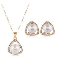 Zinc Alloy Jewelry Set, earring & necklace, with Plastic Pearl, gold color plated, 2 pieces & oval chain & for woman & with rhinestone, 26*19mm,20*19mm .8 Inch 