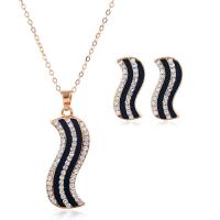 Rhinestone Zinc Alloy Jewelry Set, earring & necklace, gold color plated, 2 pieces & for woman & enamel & with rhinestone, black, 42*13mm,23*11mm Inch 