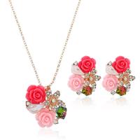 Rhinestone Zinc Alloy Jewelry Set, earring & necklace, Flower, rose gold color plated, 2 pieces & for woman & enamel & with rhinestone 28*22mm Inch 