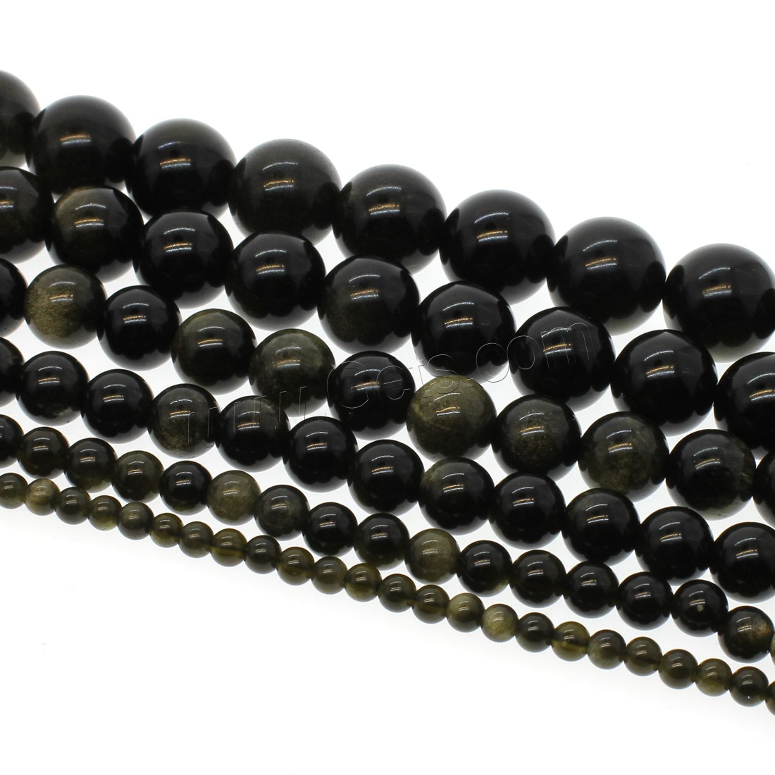 Gold- Obsidian Perle, rund, verschiedene Größen vorhanden, Bohrung:ca. 1mm, Länge:ca. 14.9 ZollInch, verkauft von Strang