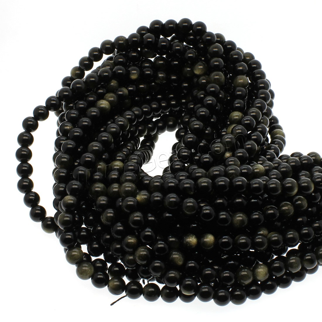 Gold- Obsidian Perle, rund, verschiedene Größen vorhanden, Bohrung:ca. 1mm, Länge:ca. 14.9 ZollInch, verkauft von Strang