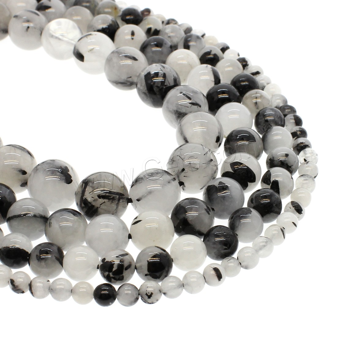 Schwarzer Rutilquarz Perle, rund, verschiedene Größen vorhanden, weiß und schwarz, Grad AAA, Bohrung:ca. 1mm, Länge:ca. 14.9 ZollInch, verkauft von Strang