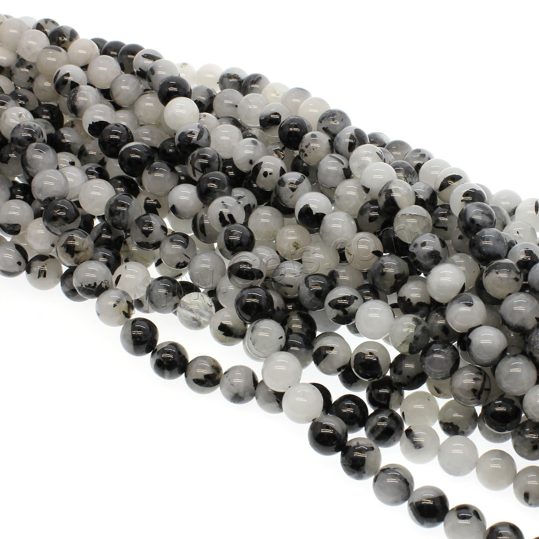 Schwarzer Rutilquarz Perle, rund, verschiedene Größen vorhanden, weiß und schwarz, Grad AAA, Bohrung:ca. 1mm, Länge:ca. 14.9 ZollInch, verkauft von Strang