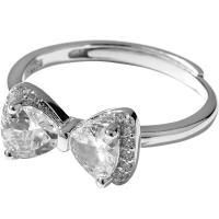 925 Sterling Silver Cuff Finger Ring, Bowknot, silver color plated, adjustable & for woman & with cubic zirconia, US Ring 