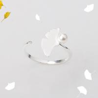925 Sterling Silver Cuff Finger Ring, with Plastic Pearl, Leaf, silver color plated, adjustable & for woman, 16mm, 4mm, US Ring .5 