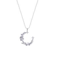 Cubic Zirconia Micro Pave Sterling Silver Necklace, 925 Sterling Silver, with 1.96lnch extender chain, Moon, platinum plated, adjustable & oval chain & micro pave cubic zirconia & for woman, 15mm Approx 15.7 Inch 