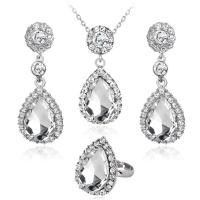 Zinc Alloy Jewelry Set, finger ring & earring & necklace, with Crystal, Teardrop, silver color plated, three pieces & oval chain & for woman 41*18mm,24*18mm,51*18mm Inch 