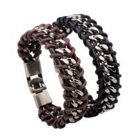 Stainless Steel Bracelet, with PU Leather Cord, curb chain & for man Approx 7.5 Inch 
