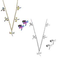 Fashion Stainless Steel Jewelry Sets, Stud Earring & necklace, with 2Inch extender chain, Dragonfly, plated, fashion jewelry & oval chain & for woman 1.5mm Approx 16.5 Inch 