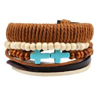 PU Leather Cord Bracelet, with Linen & Wax Cord & Synthetic Turquoise & Wood, Cross, 4 pieces & Unisex & adjustable Approx 7.5 Inch 