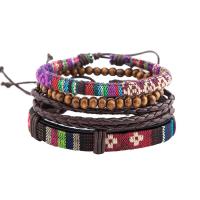 PU Leather Cord Bracelet, with Linen & Wood, 4 pieces & Unisex & adjustable Approx 7.5 Inch 