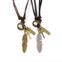 PU Leather Cord Necklace, with Zinc Alloy, Feather, plated, Unisex & adjustable & with letter pattern 15*60mm Approx 14.9-28.3 Inch 