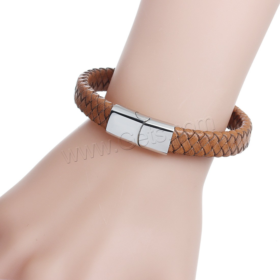 PU Leather Cord Bracelet, with Stainless Steel, different size for choice & for man, brown, Sold By Strand