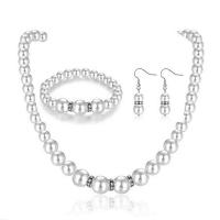 Rhinestone Zinc Alloy Jewelry Set, bracelet & earring & necklace, with ABS Plastic Pearl, silver color plated, for woman & with rhinestone, white, 40mm, Inner Approx 60mm Approx 16.15 Inch 
