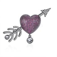 Brass Brooch, Heart, gun black plated, micro pave cubic zirconia & for woman, purple 