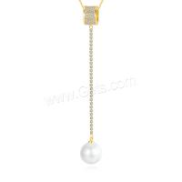 Brass Sweater Chain Necklace, with Plastic Pearl, plated, micro pave cubic zirconia & for woman Approx 31.4 Inch 