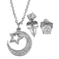 Cubic Zirconia Stainless Steel Jewelry Sets, Stud Earring & necklace, with rubber earnut, with 2Inch extender chain, Moon and Star, oval chain & micro pave cubic zirconia & for woman, original color 1.5mm,5mm Approx 17 Inch 