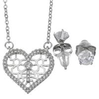 Cubic Zirconia Stainless Steel Jewelry Sets, Stud Earring & necklace, with rubber earnut, with 2Inch extender chain, Heart, oval chain & micro pave cubic zirconia & for woman, original color 1.5mm,5mm Approx 17 Inch 