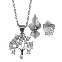Cubic Zirconia Stainless Steel Jewelry Sets, Stud Earring & necklace, with rubber earnut, with 2Inch extender chain, Tree, oval chain & for woman & with cubic zirconia, original color 1.5mm,5mm Approx 17 Inch 