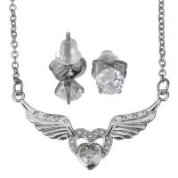 Cubic Zirconia Stainless Steel Jewelry Sets, Stud Earring & necklace, with rubber earnut, with 2Inch extender chain, Winged Heart, oval chain & micro pave cubic zirconia & for woman, original color 1.5mm,5mm Approx 17 Inch 