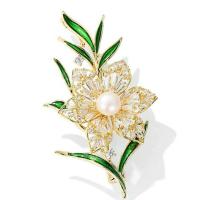 Brass Brooch, with Cubic Zirconia & Plastic Pearl, Flower, gold color plated, fashion jewelry & for woman & enamel, 60*44mm 