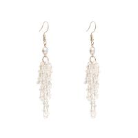 Brass Tassel Earring, with Crystal & Plastic Pearl, gold color plated, Korean style & for woman 