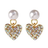 Plastic Pearl Zinc Alloy Earring, with Plastic Pearl, sterling silver post pin, Heart, gold color plated, Korean style & for woman & with rhinestone, 22mm 