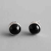 Sterling Silver Stud Earring, 925 Sterling Silver, with Black Agate, sterling silver post pin, platinum plated, Korean style & for woman, 7.8mm 