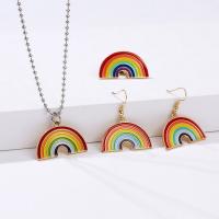 Enamel Zinc Alloy Jewelry Sets, brooch & earring & necklace, Rainbow, platinum color plated, three pieces & Unisex & ball chain, 32*40mm,33*18mm,33*22mm Approx 27.5 Inch 