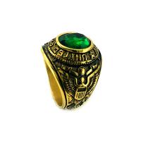 Stainless Steel Finger Ring, antique gold color plated & for man & with rhinestone, green, 19mm 
