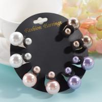 Plastic Pearl Zinc Alloy Earring, Stud Earring, with Plastic Pearl, zinc alloy post pin, Round, for woman, mixed colors, 15mm,7mm 