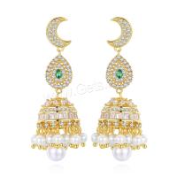 Brass Drop Earring, with Plastic Pearl, brass post pin, 18K gold plated, micro pave cubic zirconia & for woman, metallic color plated 