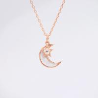 Brass Necklace, with Cubic Zirconia & Shell, Moon and Star, plated, oval chain & for woman 13*9.2mm Inch 