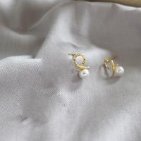 Sterling Silver Stud Earring, 925 Sterling Silver, with Shell Pearl, sterling silver post pin, gold color plated, fashion jewelry & for woman 