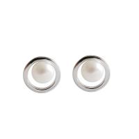 Sterling Silver Natural Pearl Stud Earring, 925 Sterling Silver, with Freshwater Pearl, sterling silver post pin, platinum plated, for woman & hollow, 9.5mm 