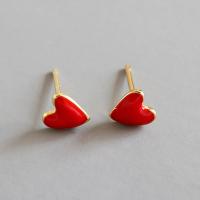 Sterling Silver Stud Earring, 925 Sterling Silver, sterling silver post pin, Heart, gold color plated, fashion jewelry & for woman & enamel, red 
