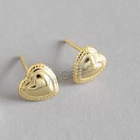 Sterling Silver Stud Earring, 925 Sterling Silver, sterling silver post pin, Heart, gold color plated, fashion jewelry & for woman, 7.6mm 