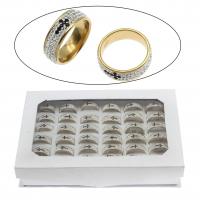 acero inoxidable anillo, con caja de papel & Arcilla analiar de diamantes de imitación AB, forma de anillo, chapado en color dorado, tamaño del anillo mixto & unisexo, 8mm, tamaño:7-12, 36PCs/Caja, Vendido por Caja