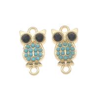 Animal Zinc Alloy Connector, Owl, gold color plated, with rhinestone & 1/1 loop, acid blue Approx 2mm 