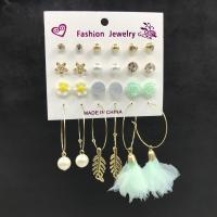 Zinc Alloy Earring Set, Stud Earring & earring, with Polyester & Plastic & Plastic Pearl, zinc alloy post pin, gold color plated, for woman & with rhinestone, mixed colors, 4mm,5mm,7mm,10mm,12mm,40mm,65mm 