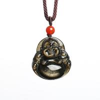 Gold Obsidian Sweater Necklace, with Cotton Cord, Buddha, Carved, polished & Unisex golden Approx 31.4 Inch 