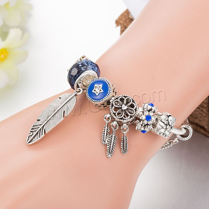 Zinc Alloy European Bracelet, with Crystal & Lampwork, antique silver color plated, different size for choice & for woman & with rhinestone, blue, Length:Approx 8.3 Inch, Sold By Strand